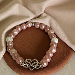Hand Crafted Pink and White Pearl Beaded Bracelet with Silver Heart Connector